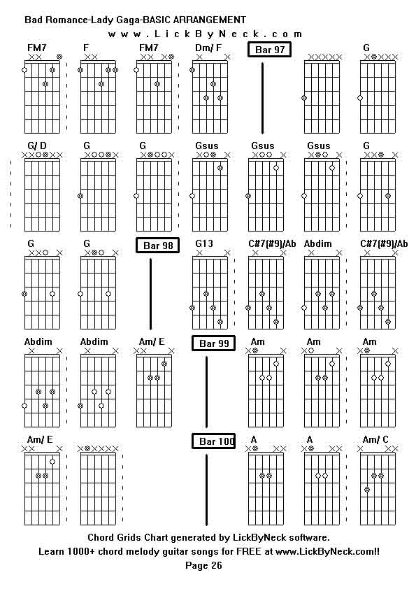 Chord Grids Chart of chord melody fingerstyle guitar song-Bad Romance-Lady Gaga-BASIC ARRANGEMENT,generated by LickByNeck software.